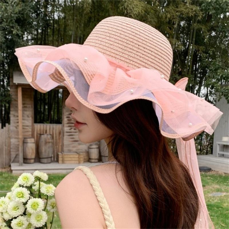 Elegant Sun Hat For Women Paper Straw Breathable And Foldable Lace Bowknot Wide Brims Panama Hat for Camping Travel