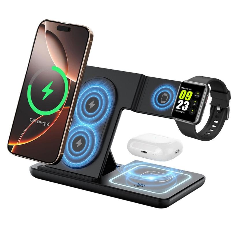 3 In 1 Wireless Charging Desk Stand Space Saving For S24 S23 Watch Earphone Fast Charging Phone Watch Earphone Foldable
