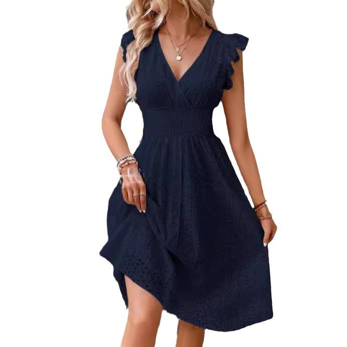 Elegant Plus Size V-Neck Hollow-Out Dress with Lotus Leaf Sleeves