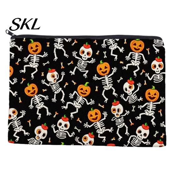 Large Capacity Pencil Pouch Halloween Storage Bag, Cosmetic with Pumpkin Small Toiletries Organizer Castle Skull Print, Smooth Zipper Thickened Canvas