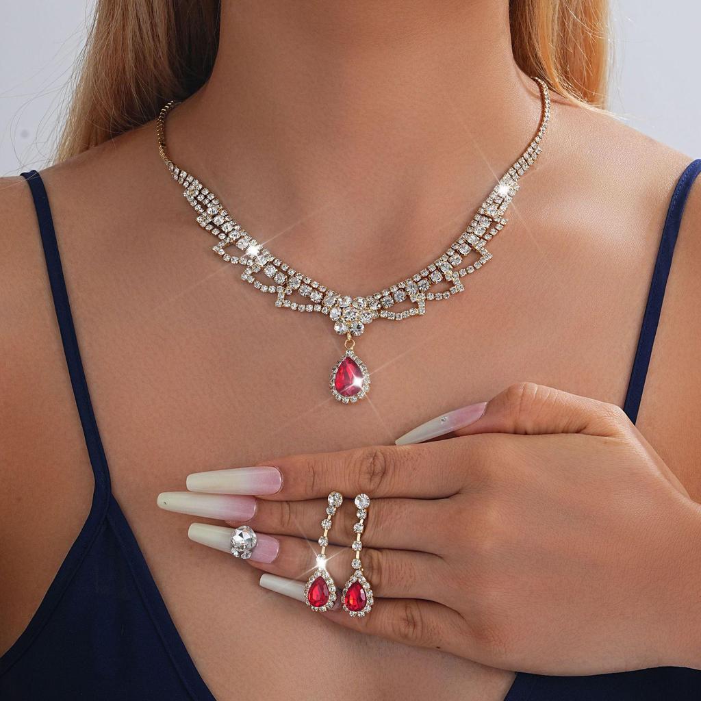European-American Rhinestone Teardrop Necklace & Earring Set: Korean-Style Bridal Temperament Collarbone Chain Jewelry for Women