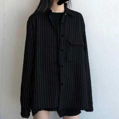Vintage Shirts Damen Langarm Streifen Print Button Up Shirt Schwarze Bluse