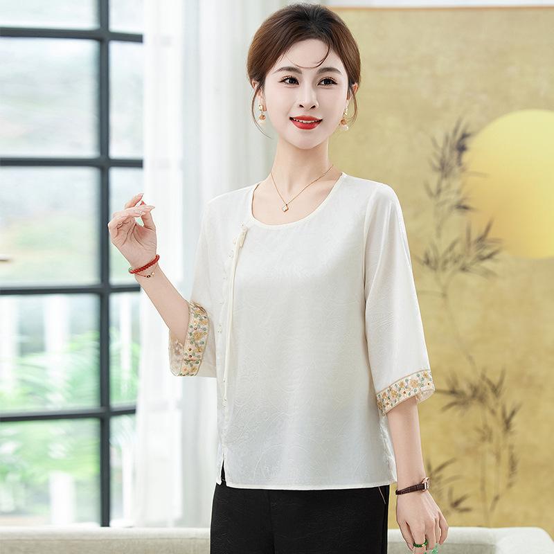 

2026 Spring/Summer Women s Retro Jacquard Round Neck Five-Point Sleeve Top 2XL (Recommended 52.5-60 kg)
