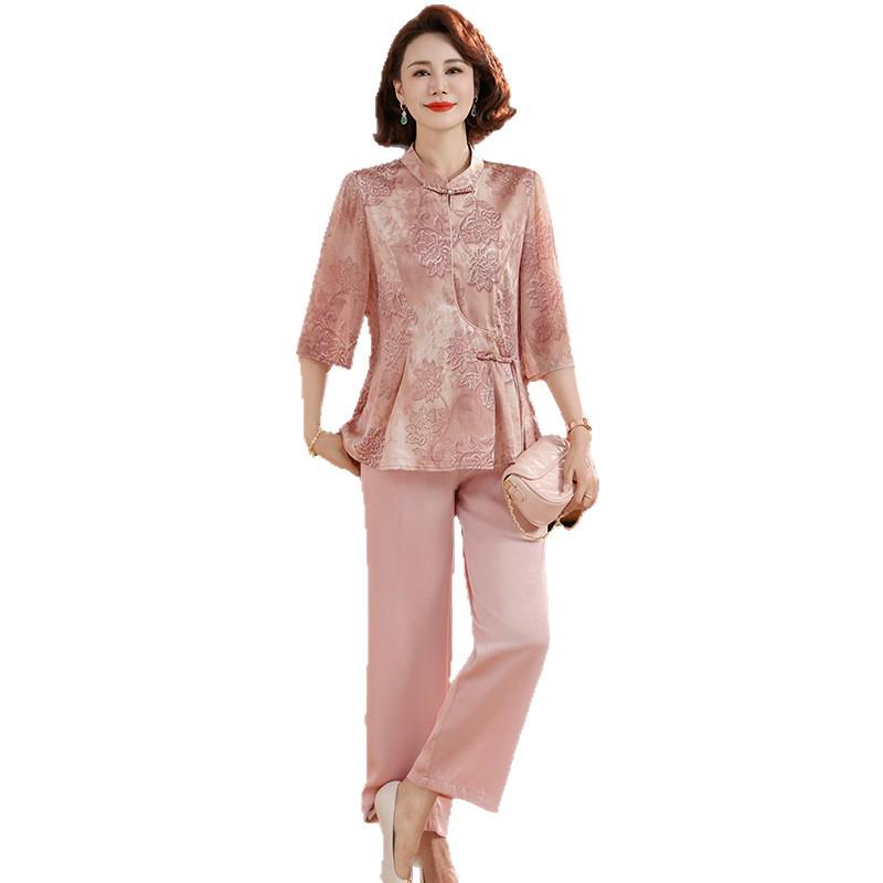Chic Middle-aged Women's Two-Piece Chiffon Set - Chinese Style Trendy Top & Shirt