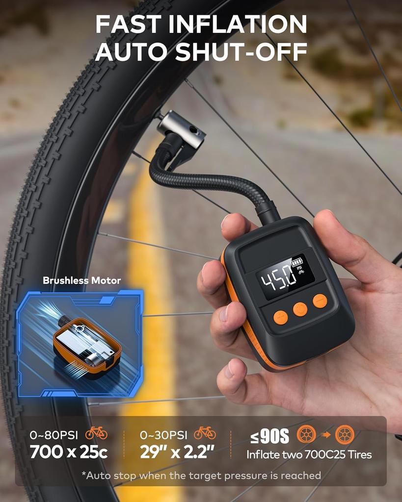 Electric Bike Tire Pump 150 PSI with Gauge, Auto Shut-Off, Portable for Presta/Schrader