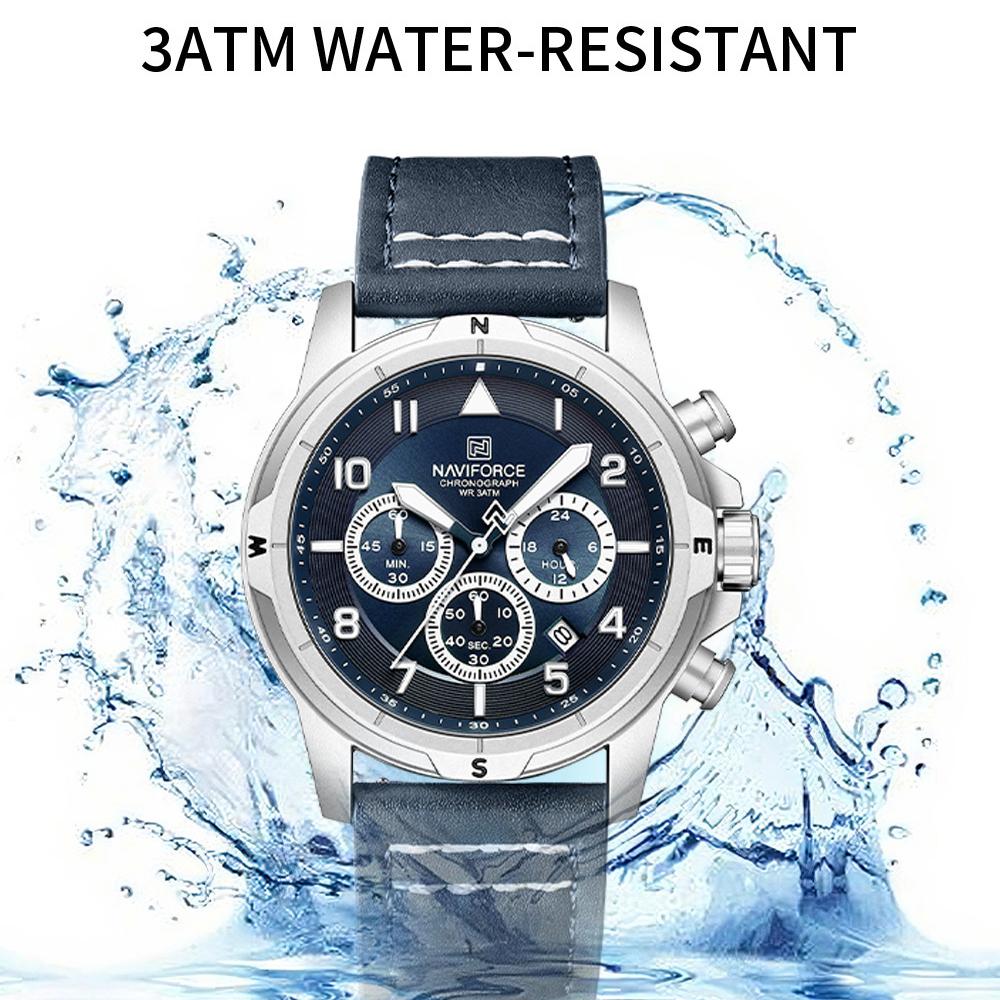 NAVIFORCE Original Men Quartz Watch Chronograph Mini Dial Calendar Date Leather Strap Luminous Hands 30m Waterproof Men Watch Gift NF8077