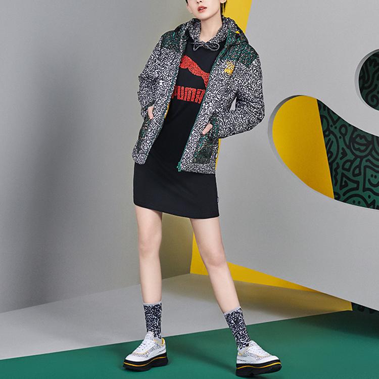 Puma X Mr Doodle Embroidered Logo Graffiti Color Block Hooded Cotton Jacket Women Jacket Green 598685-91