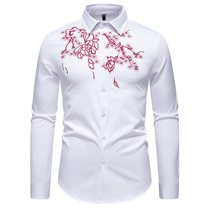 Spring and Autumn New High Quality Men's Floral Embroidered Long Sleeve Shirt Youth Cardigan