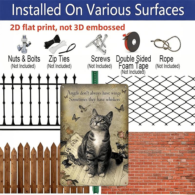 2D Flat, Vintage Cat Art Aluminum Sign - "Angels Don't Always Have Wings, Sometimes They Have Whiskers" - Whimsical Wall Decor with Cats, Butterflies