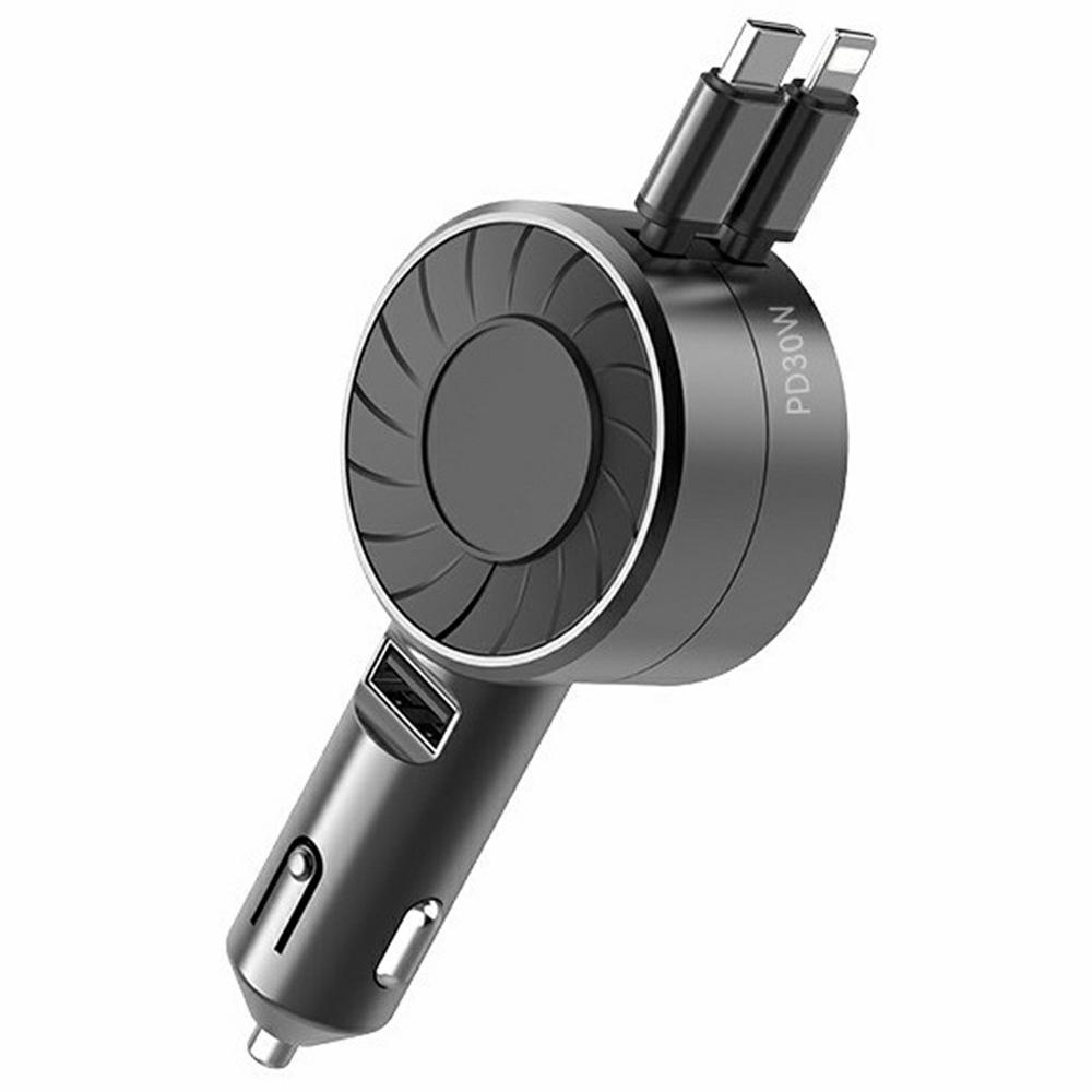 

Turbine Blade Design Car Charger with Type-C/iP Retractable Cable Dual Port PD Super Fast Charging Cable As Shown A