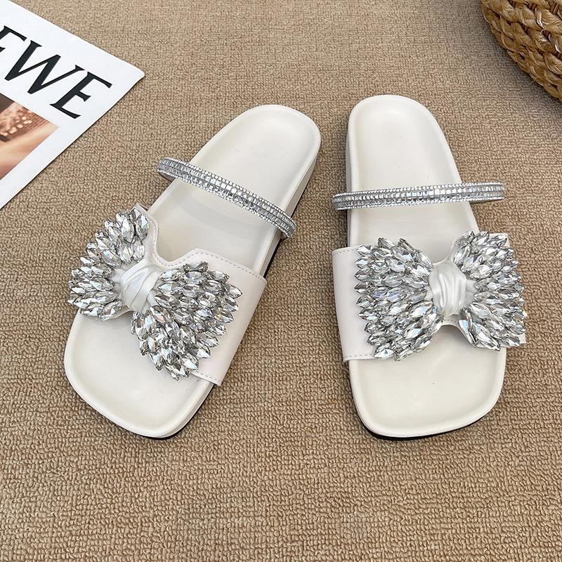 2025 new European flat-bottomed bow rhinestone slippers women's cross with satin open-toed fashion outer slippers