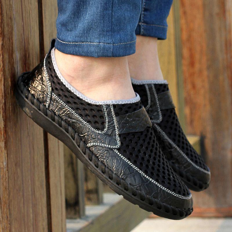 Sommar Herr ÄKTA Lädersandaler Andningsbara Lädskor Medelålders Herrskor Bekväma Slip-on Meshsko