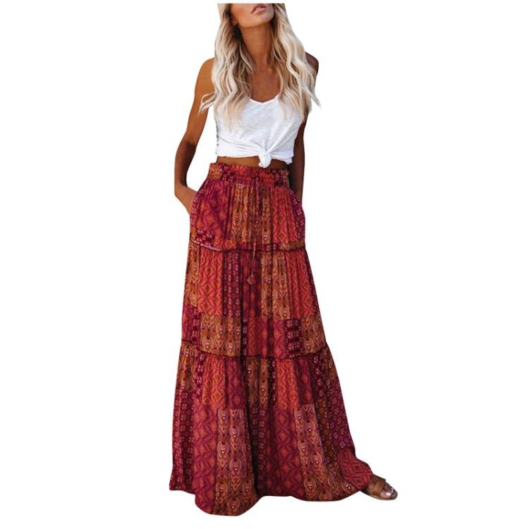 Saia Longa Estampada Boêmia Feminina Cintura Alta Elástico Solta Casual Moda Amarração na Cintura