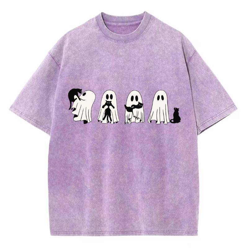 Cartoon Cat With Ghost Print Women T-Shirt Oversized Crew Neck Wash Loose Short Sleeve Unisex Minimalist Top Cute Sweetheart Y2k