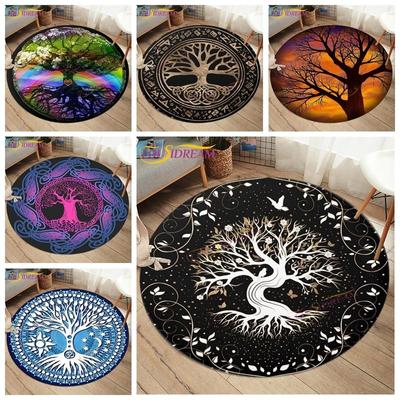 Tree of Life Yggdrasil Runic Pattern Round Carpet Tree of Life Rainbow Printed Rug Living Room Round Mat Viking Round Carpet