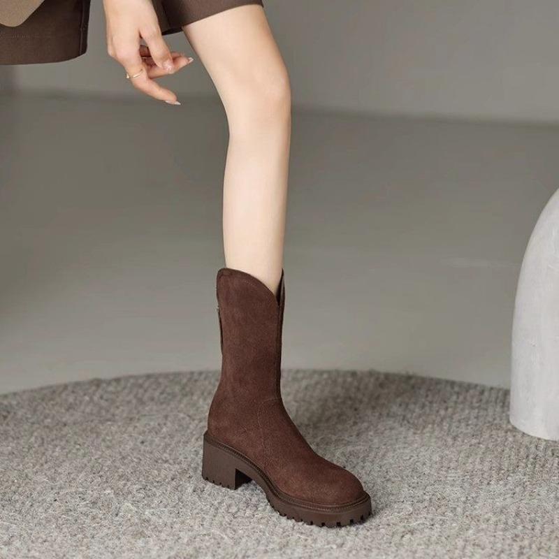 Fashion Brown Round Toe Half High Boots for Women British Style Goth on Promotion 2025 New Offer in Trend Gothic Mid Calf Shoes Woman