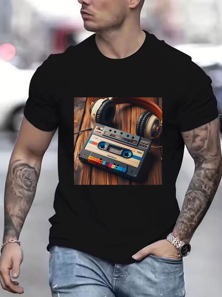Vintage 1981 Cassette Tape Walkman Graphic Cotton T-Shirt for Men Retro 80s Music Lover Short