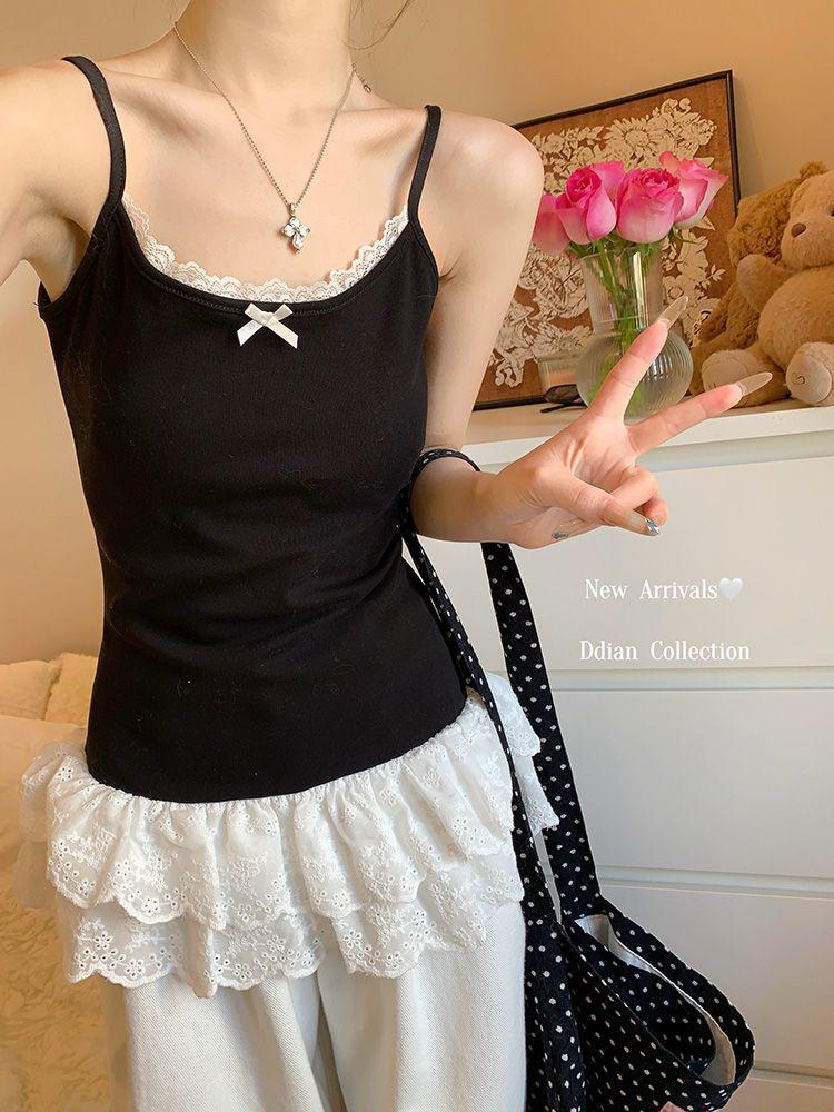 Women's White Bow Spaghetti Strap Ballet Tank Top with Lace Ruffle Hem