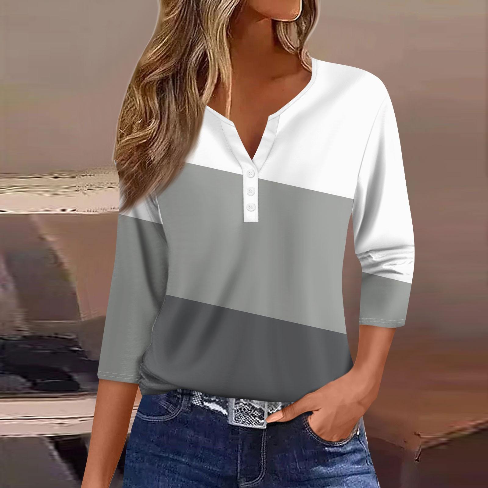 

Жен. Футболка Футболка С принтом Пуговицы Рукав 3/4 Повседневные Выходные Мода Классический V-образный вырез Обычный Топ XL светло-серый