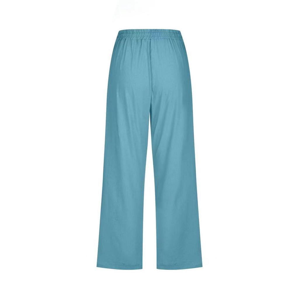 Pants For Women Casual Summer Solid Color Elastic High Waist Cotton And Linen Loose Pants Drawstring Pocket Mid Leg Pants
