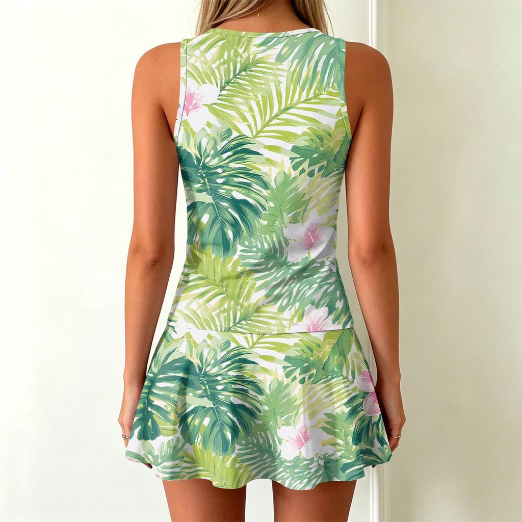 Sleeveless Round Neck Tropical Print Mini Dress for Women Summer Lightweight Casual Loose Fit Sundress