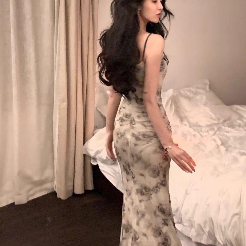 French retro mesh printing suspender dress women's summer design sense niche pure desire slim-fitting hip-wrapped long skirt