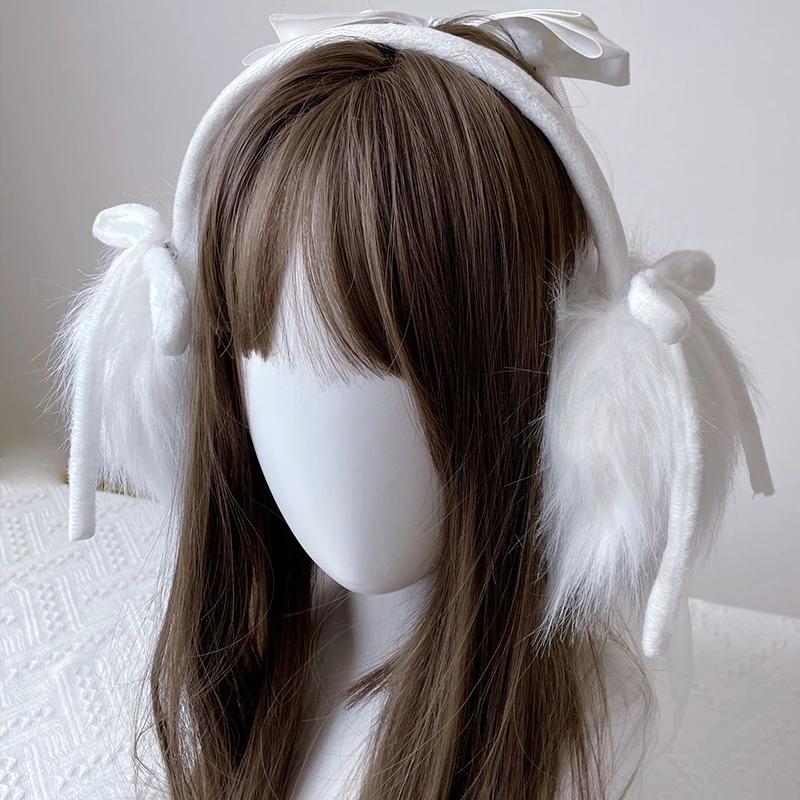 Cute Earmuffs Winter New Japanese Butterfly Bow White Long Hair Velvet Ear Pack Headwear for Girls Riding EarWarmth Headphones