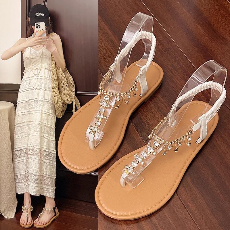 2025 Women's Flat Sandals Rhinestones Toe Clip Elastic Band Women Shoes Dress Beach Fashion Transparent Upper Sandalias De Mujer