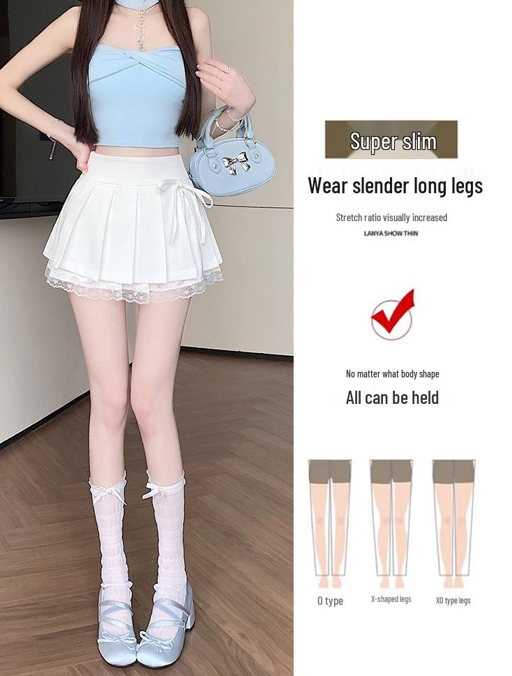Women's Summer 2026 A-Line Lace Pleated Skirt - High Waist, Trendy Culottes Style