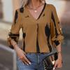 Women Black White Abstract Print V Neck Roll Tab Long Sleeve Casual Blouse