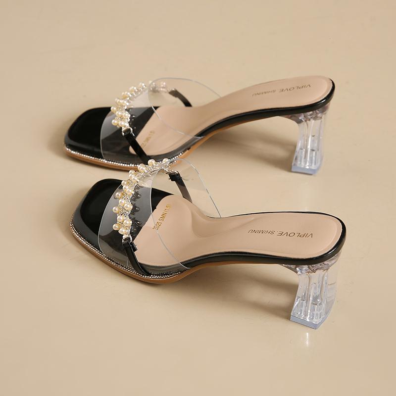 Fashion CRLAYDK Summer Womens Chunky Heel Sandals Open Toe Transparent Slip On Ladies Dressy Casual Party Wedding Mule- Nude Shoes