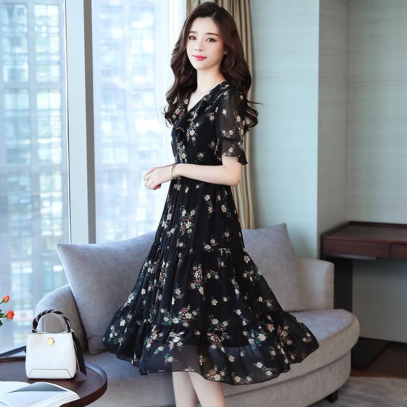 Women's Black Floral Chiffon Mid Length Dress V Neck Ruffle Short Sleeve A Line Dress High Waist Flowing Casual Dress Suitable for Work and Dating