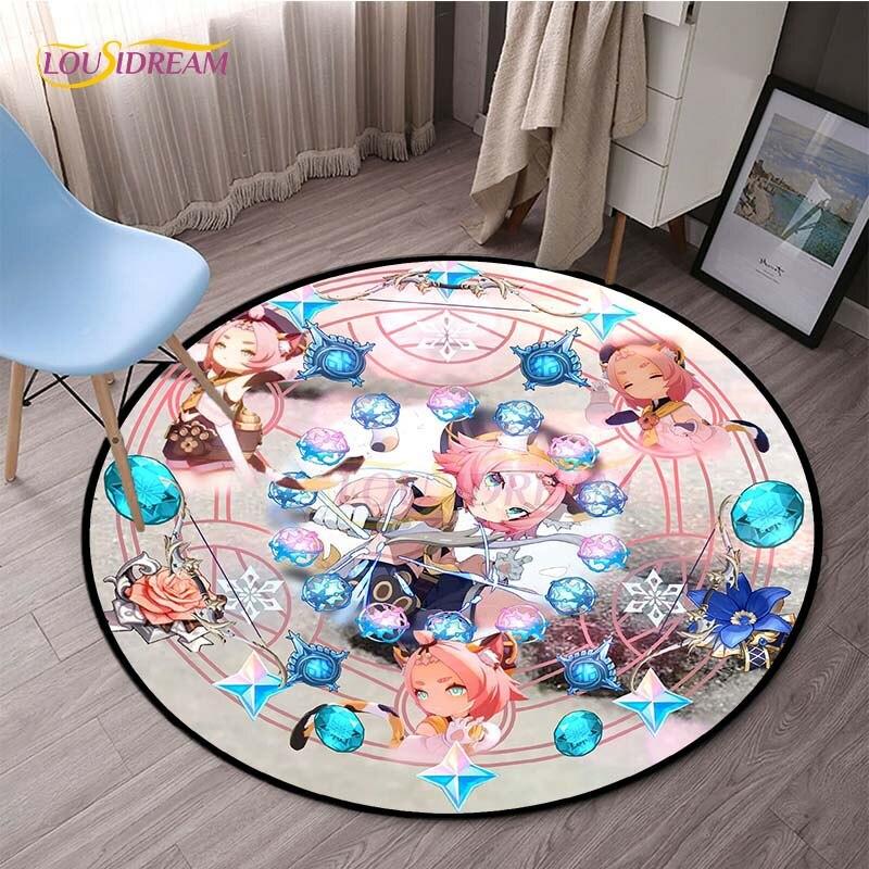 Genshin Impact Runde Teppiche für Schlafzimmer, Cartoon-Teppiche für Wohnzimmer, Kinder, weicher Teppich, rutschfeste Bodenmatte, Heimdekoration, Camping, Picknick