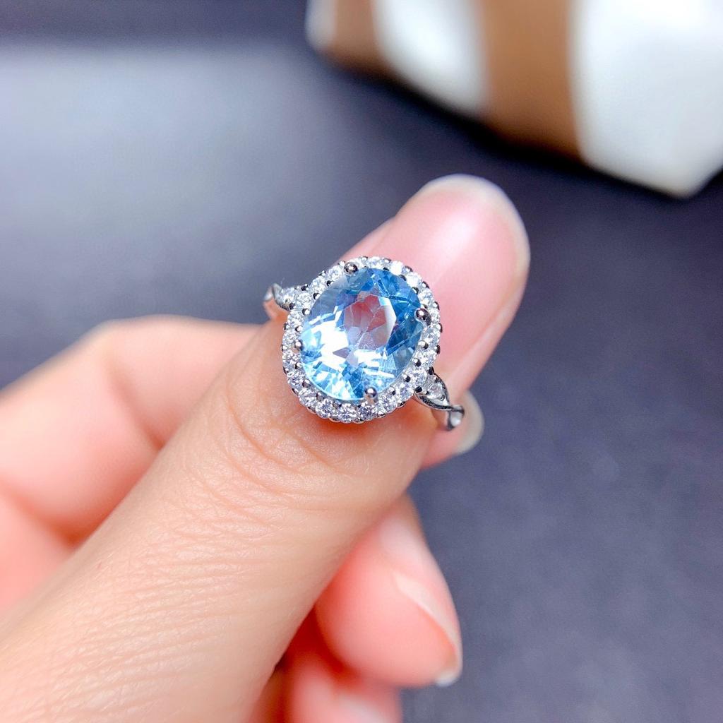 Elegant Sky Blue Topaz Ring for Women with Shiny High Carbon Diamond Oval Cut Fashion Jewelry
