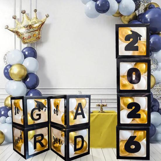 4 Pcs 2026 Grad Balloon Boxes Black Balloon Boxes with Letters So Pround of You Graduation Party Decoration for College High School Class of 2026