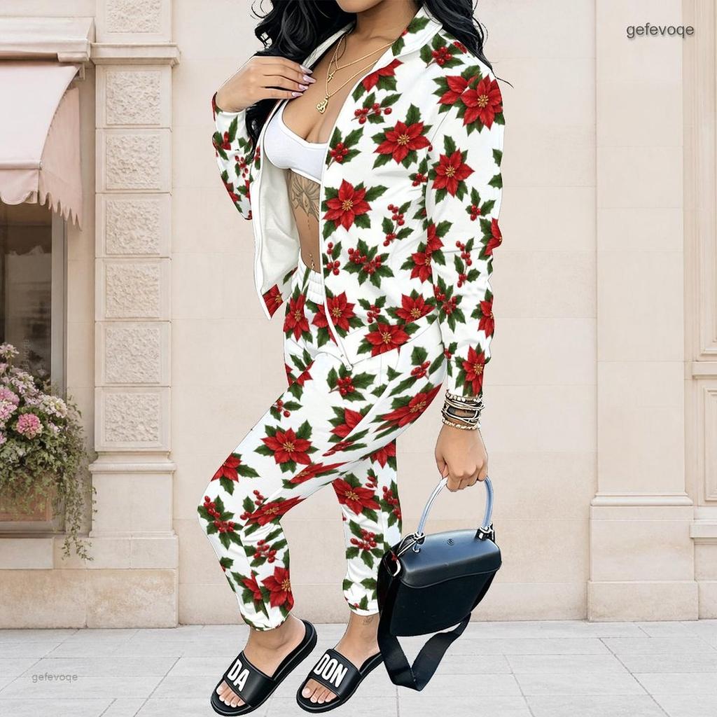 Women Plus Size Stand Collar Long Sleeve Zip Jacket And Pants White Teddy Bear Printed Two Piece Set