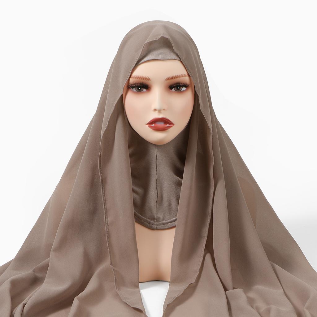 Ramadan Instant Hijab Set Long Neck Cap With Chiffon Scarf Solid Bonnet Hat And Scarf Combo Muslim Woman Hijab Shawl Wrap Turban