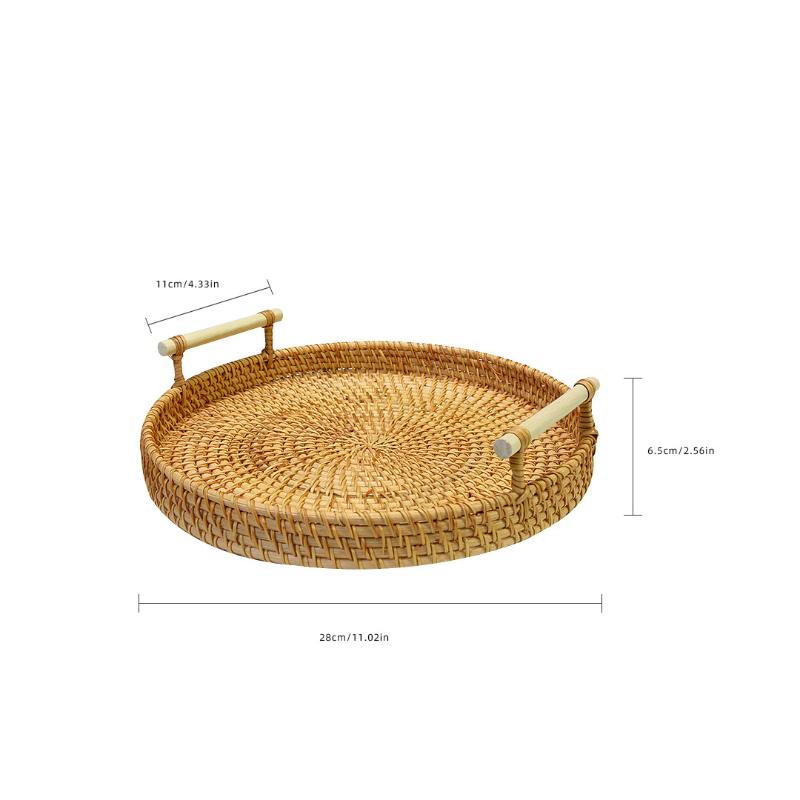 Dinner Serving Tray Breakfast Bread Food Plate Handwoven Rattan Storage Tray Round Shape Fruit Cake Wicker Basket With Handle