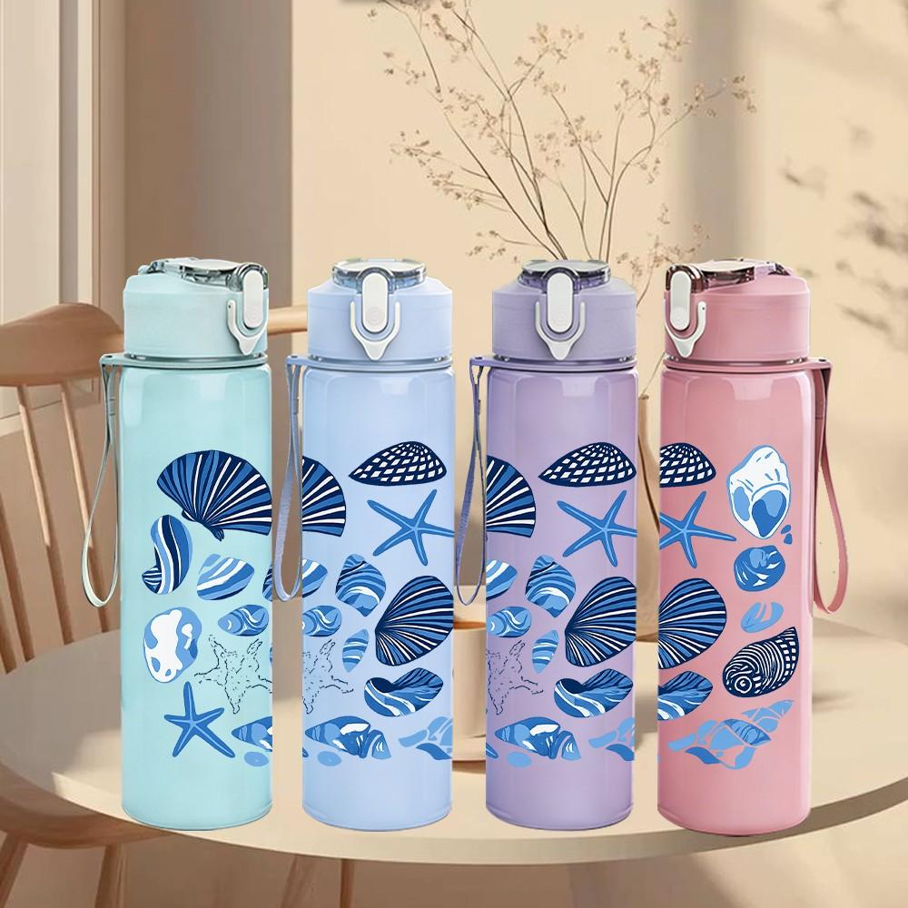 1PC Blue Seashell Starfish Pattern 750ml Color Plastic Sports Water Bottle Leakproof Flip Straw Lid Suitable for Sports Office Home Use