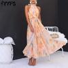 Women's Fashion Summer Spring Colour Block Print Sleeveless Hanging Neck High Waist Casual Dresses