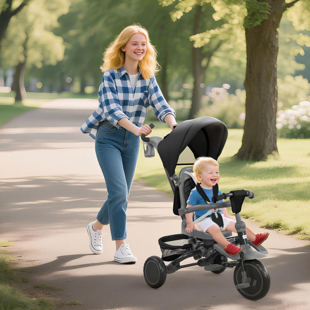6-in-1 Convertible Tricycle, Foldable, 360 Rotating Seat, Parent Handle, Canopy, Black