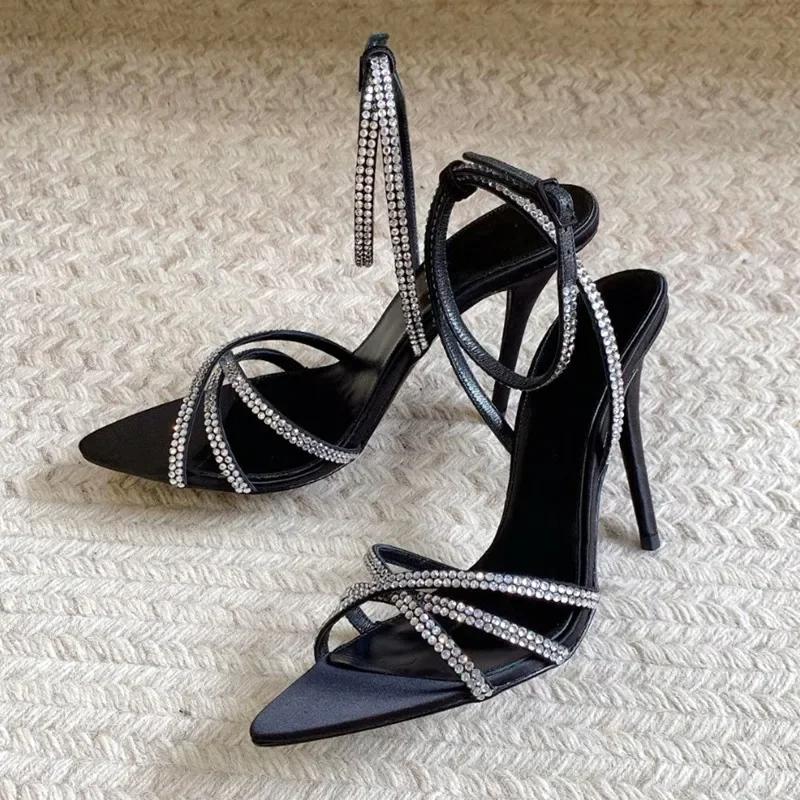 Women's Crystal High Heel Sandals Summer Sexy Pointed Toe Stilettos Brown Satin Rhinestone Ankle Strap Party Wedding Shoes
