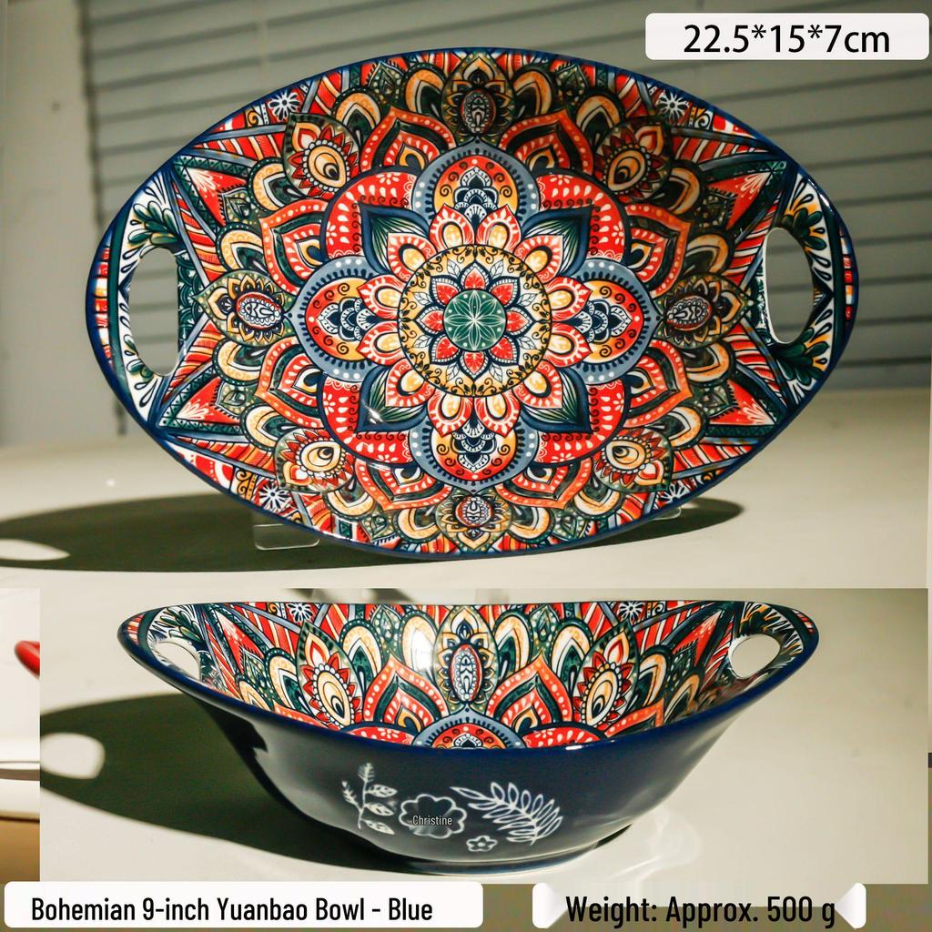 Blue Bohemian Porcelain Microwave-Safe Rice Bowl and Plate Set