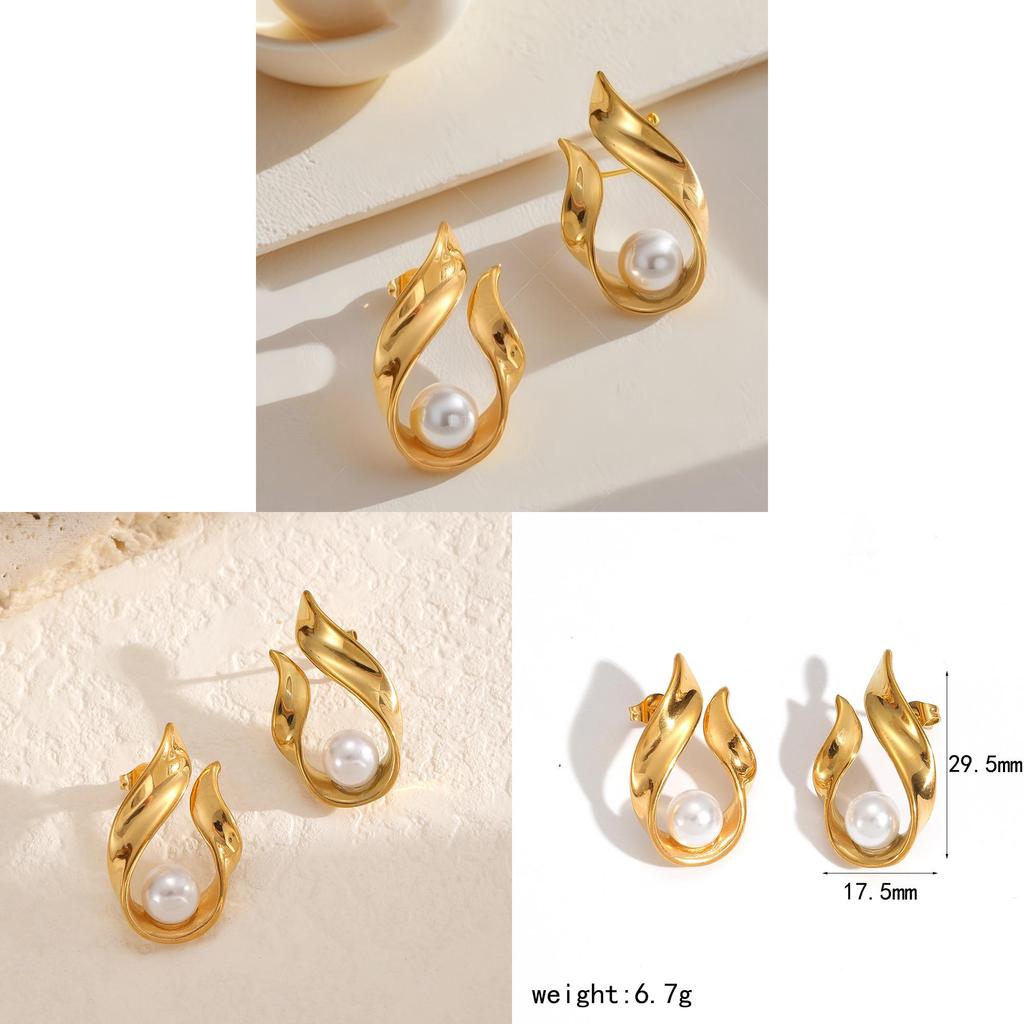 French Vintage Pearl Stud Earrings With U-shape Stainless Steel For Casual Women