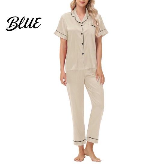 Front Button V-neck Pajamas 2 Pcs/Set Suit Satin Single-breasted Ice Silk Plus Size Cardigan Shirt V Elastic Band Pajama Bottoms Neck Notch
