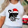 Christmas Black Cat Printed T-shirt Men's and Women's Casual Short Sleeved T-shirt Christmas Travel Pattern Printed Top T-shirt Clothing