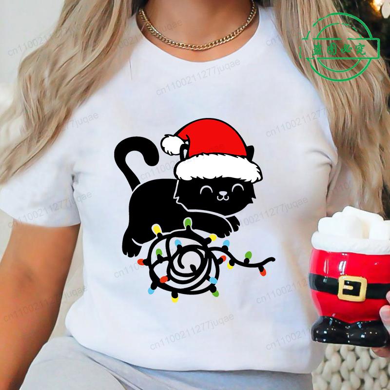 Christmas Black Cat Printed T-shirt Men's and Women's Casual Short Sleeved T-shirt Christmas Travel Pattern Printed Top T-shirt Clothing