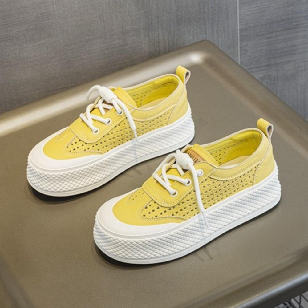 Zapatillas para Mujer Primavera y Verano 2025 Nuevas de Color Sólido Casual Versátiles Transpirables Malla de Cuero Zapatos de Mujer con Suela Gruesa