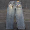 Mens Straight Fit Denim Jeans With Embroidery Detail Loose Streetwear Style Mid-Rise Cotton Jean Pant Casual Wear