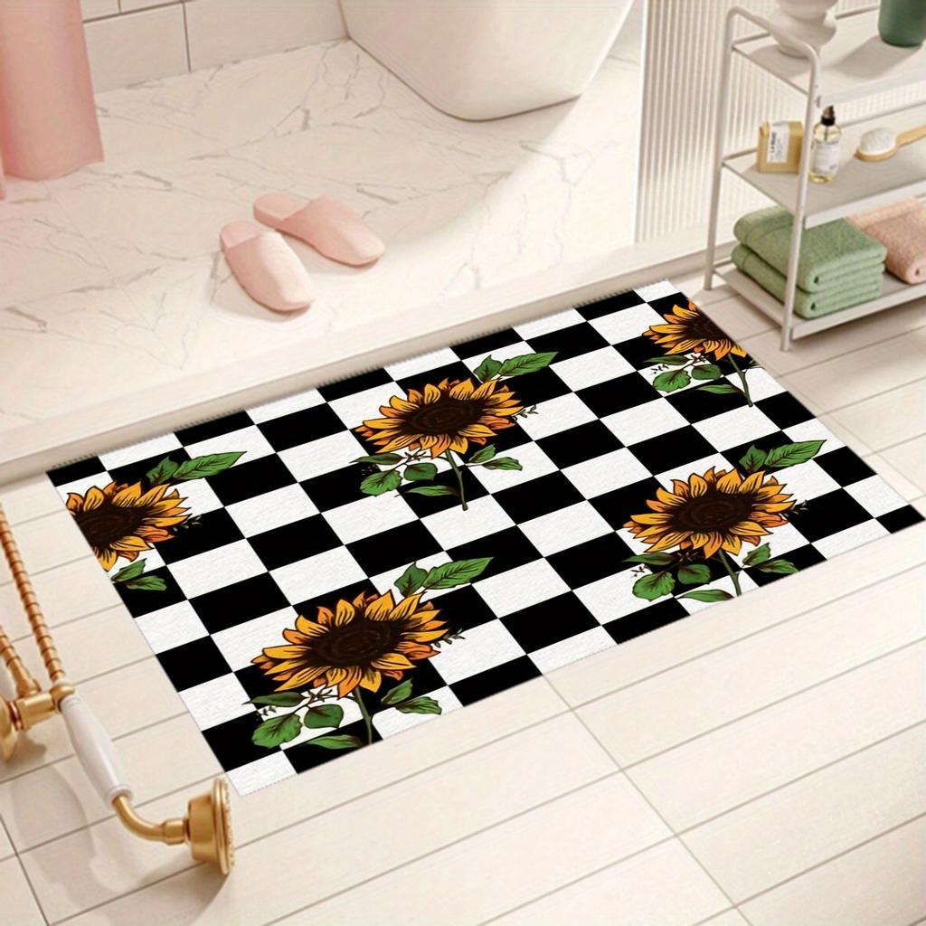 1PC Sunflower Checkered Printed Door Mat Kitchen Mat, Dustproof Carpet, Entrance Mat, Bedroom, Living Room, Garden, Decoration